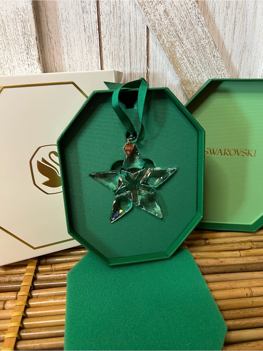 Swarovski 2023 Green Star Crystal Ornament with Ribbon